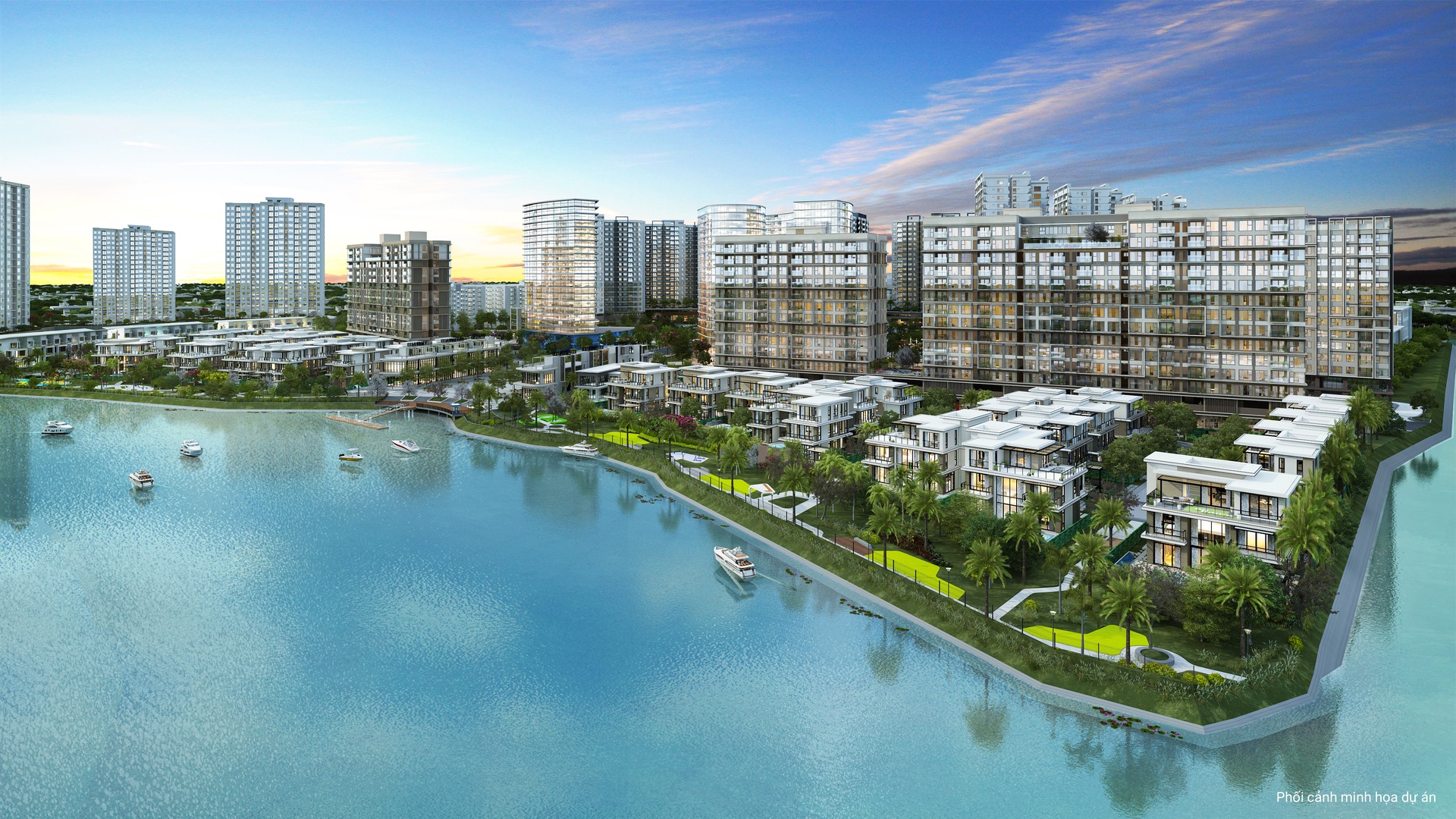 Phối cảnh compound villa The Mizuki ven kênh đào, phía sau là các block căn hộ Mizuki Park