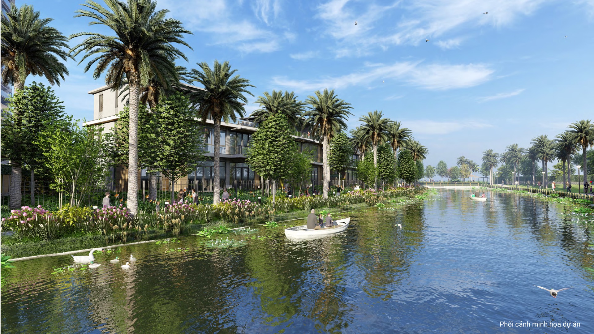Phối cảnh villa The Mizuki bên kênh đào Mizuki Park, có thuyền nhỏ và hàng cọ