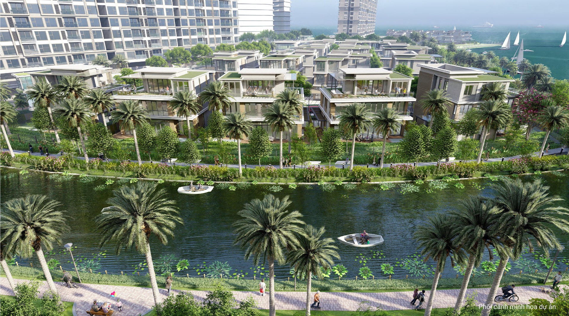 Phối cảnh dãy villa The Mizuki ven kênh đào với hàng dừa và đường dạo bộ
