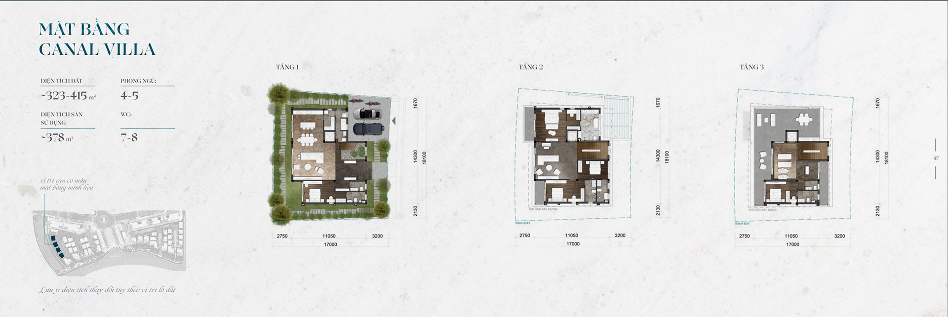 Mặt bằng Canal Villa The Mizuki với bố trí phòng theo từng tầng
