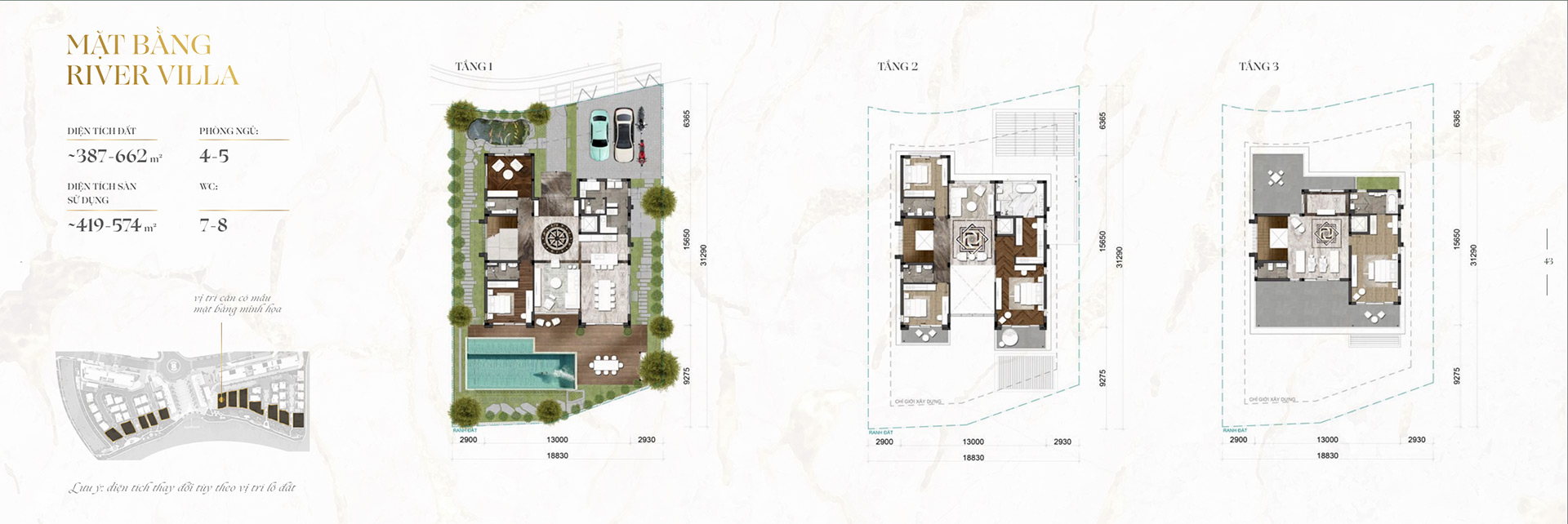Mặt bằng River Villa The Mizuki với bố trí phòng theo từng tầng