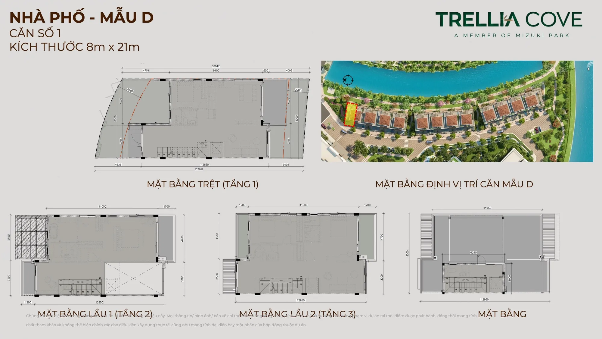 Mặt bằng nhà phố Trellia Cove mẫu D, căn số 1, kích thước 8 x 21 m