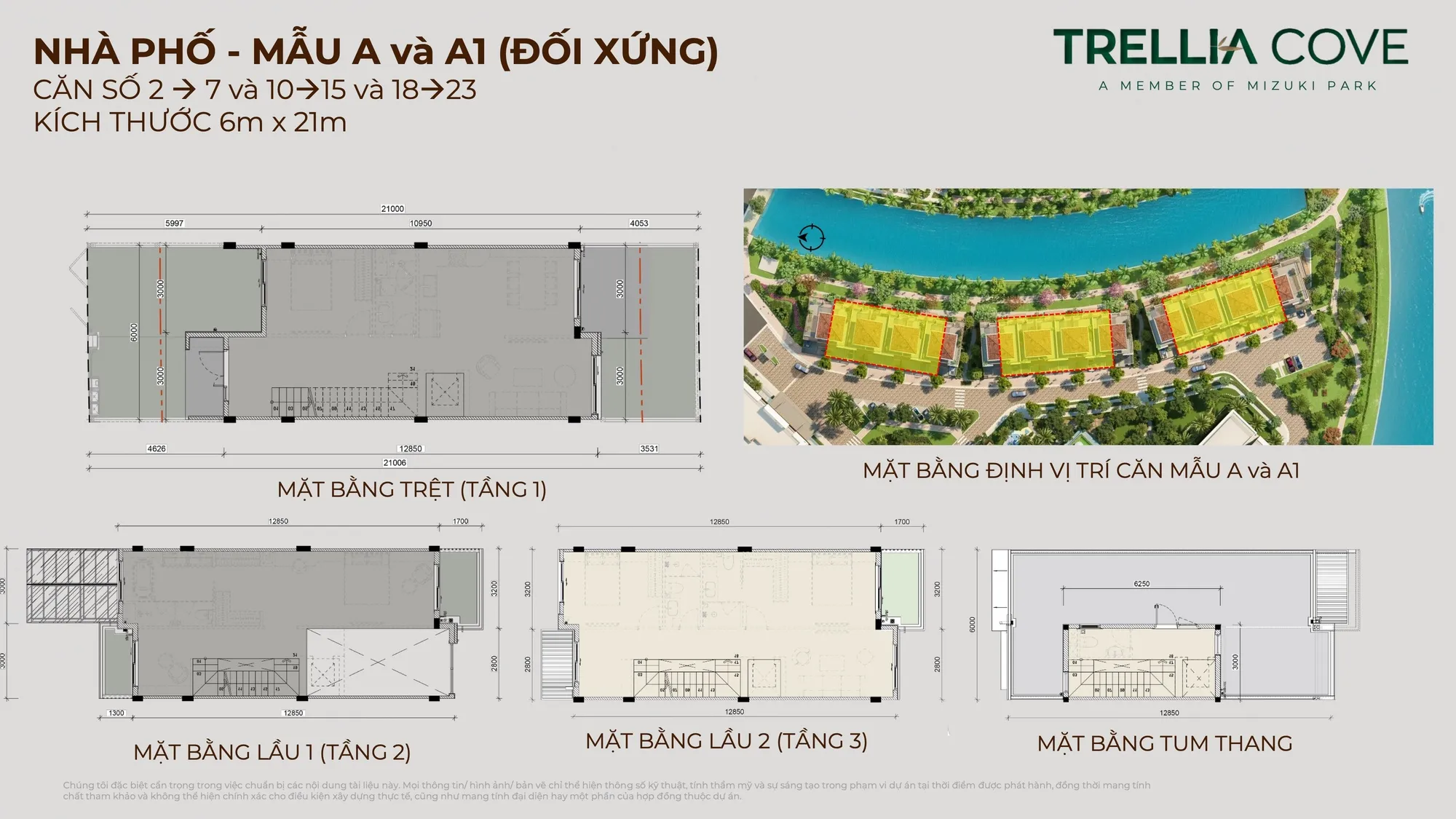 Mặt bằng nhà phố Trellia Cove mẫu A và A1, kích thước 6 x 21 m