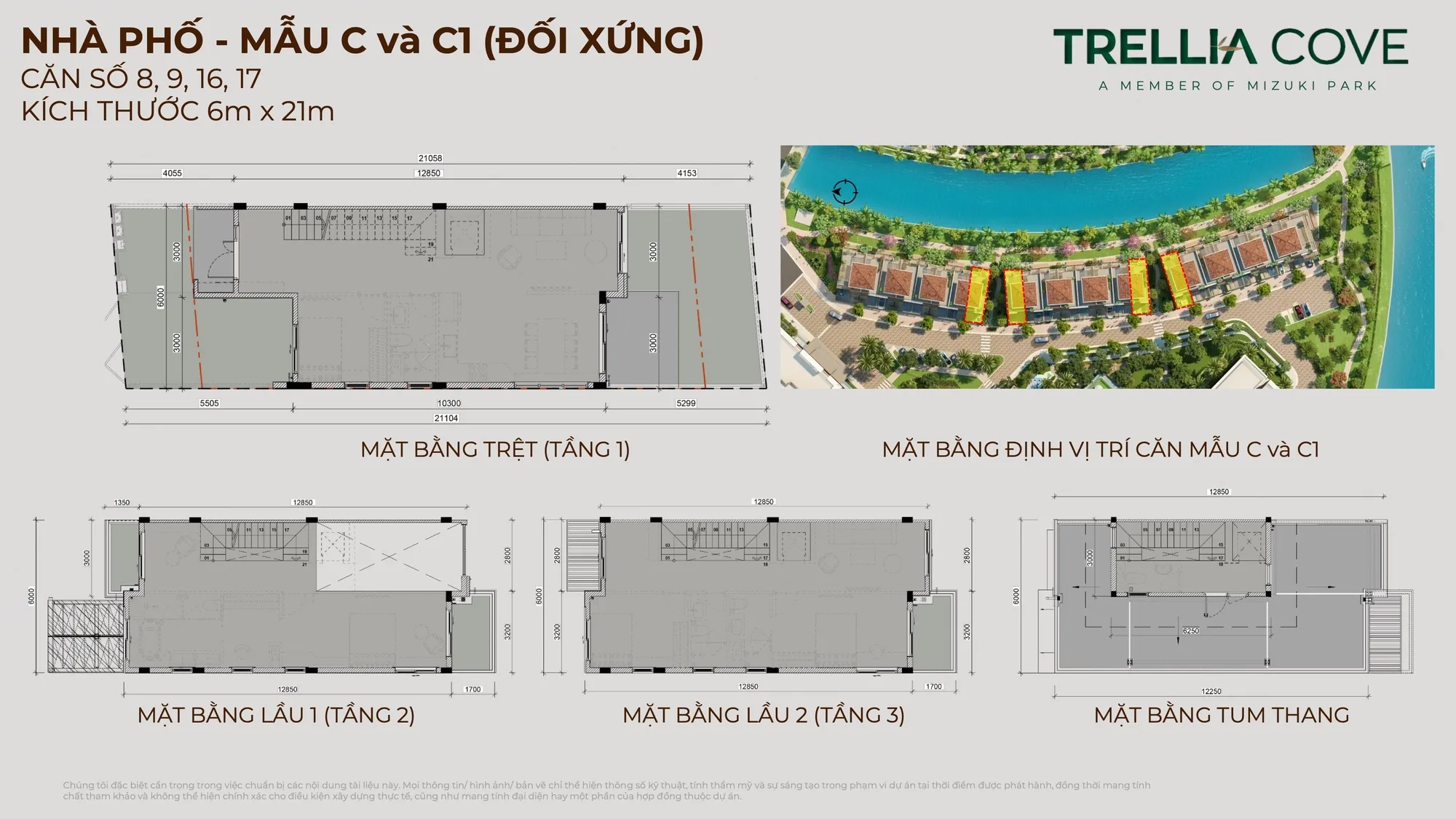 Mặt bằng nhà phố Trellia Cove mẫu C và C1, kích thước 6 x 21 m
