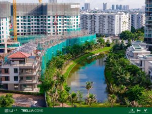 Tiến độ xây dựng Trellia Cove Mizuki Park nhìn từ trên cao bên kênh nước