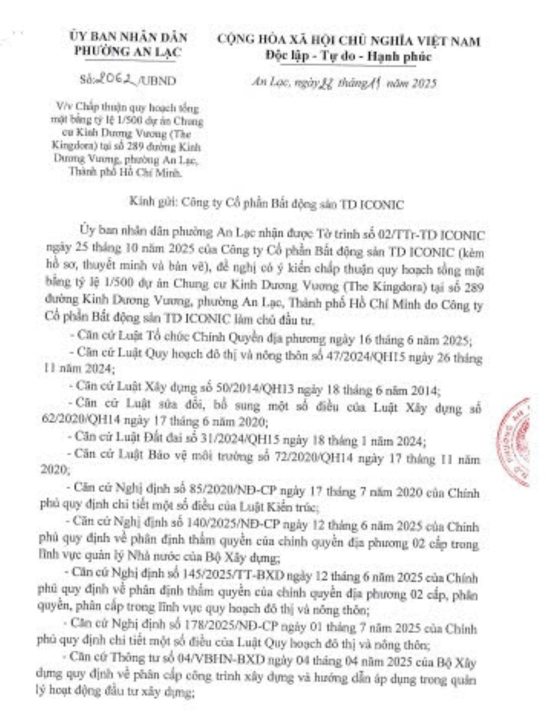 Văn bản số 2062/UBND của UBND phường An Lạc chấp thuận quy hoạch 1/500 The Westique