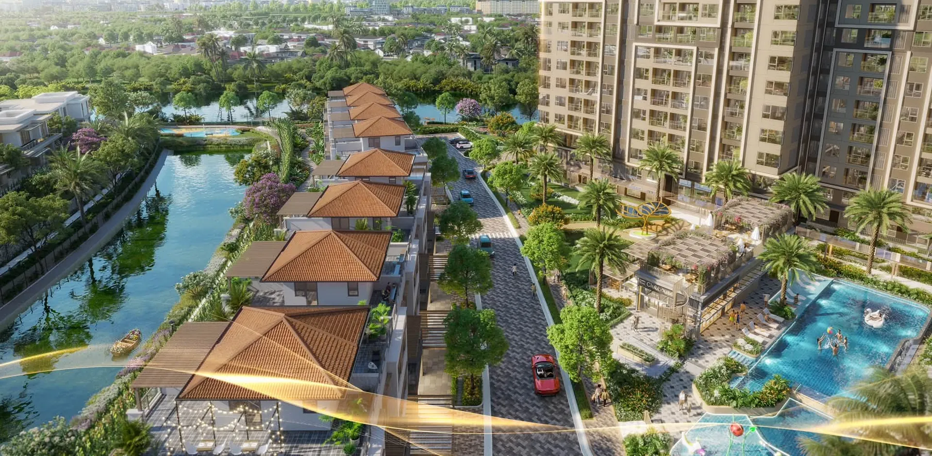 Toàn cảnh căn hộ Trellia Vista và dãy nhà phố ven kênh tại khu đô thị Mizuki Park