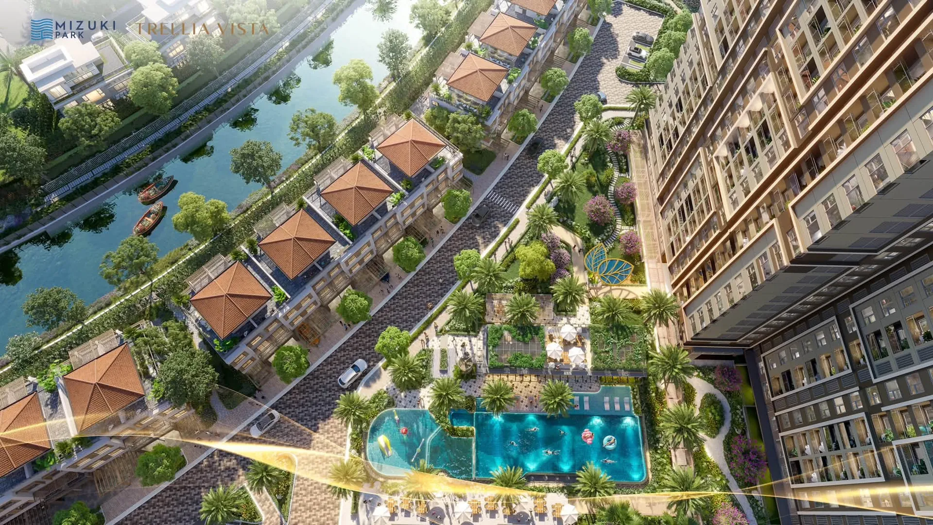 Hồ bơi nội khu và nhà phố ven kênh cạnh tháp căn hộ Trellia Vista