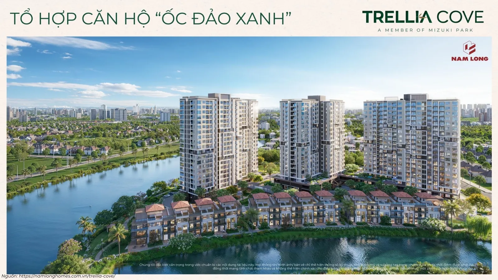 Phối cảnh các tháp căn hộ phân khu Trellia Cove ven sông, trong đó có tháp T3 Trellia Vista